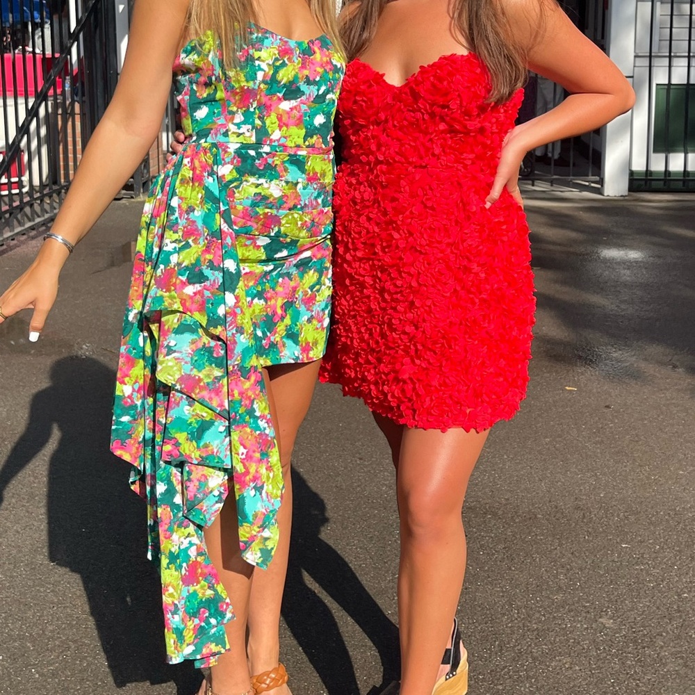 Strapless floral dress.
